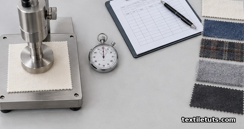 Top-down view of a presser foot lowered onto a cotton specimen with a stopwatch and queued fabric swatches on the bench.
