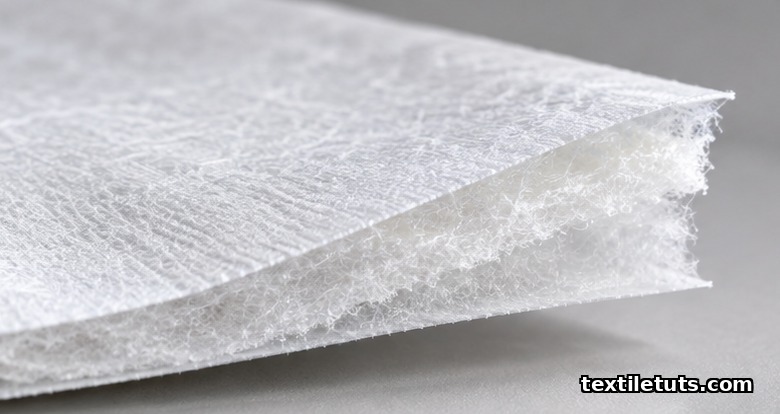 Cross-section of a three-layer surgical mask fabric showing outer spunbond, meltblown core, and inner spunbond polypropylene layers.