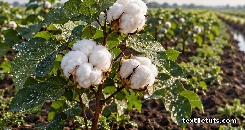 Healthy organic cotton plant with morning dew in a Fair Trade certified field with cover-crop rows and irrigation channel.