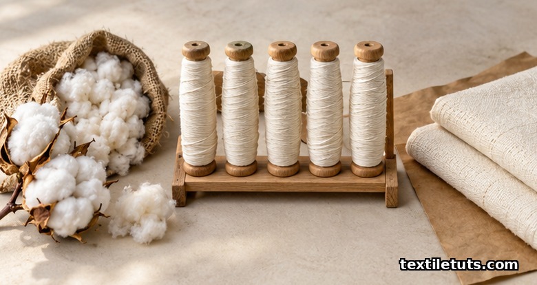 Fair Trade certified textiles overview showing cotton bolls, spun yarn, and folded cotton fabric in soft daylight.