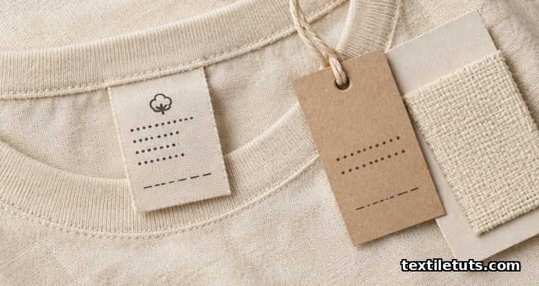 Macro flat-lay of woven cotton garment care label and certification swing-tag on cream fabric.