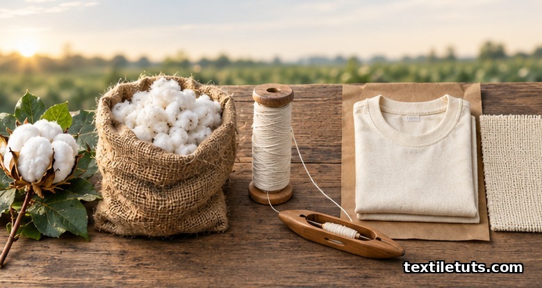 Step-by-step Fairtrade textile supply chain from hand-picked cotton boll to finished folded cotton garment.