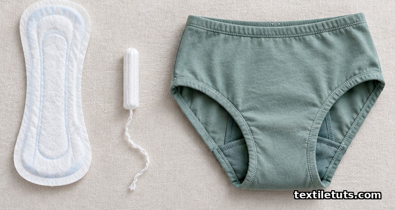 Flat-lay of three feminine hygiene textile families: a single-use pad, a tampon, and reusable period underwear on linen.