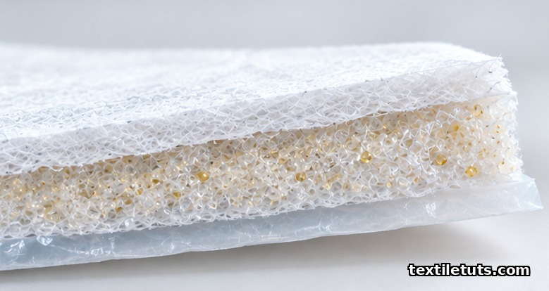 Layered cross-section of feminine hygiene textiles showing top sheet, absorbent core, and backsheet on a neutral studio backdrop.