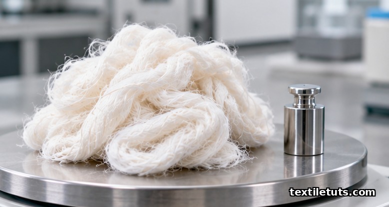 Raw white cotton fiber tufts on a stainless-steel laboratory scale pan under soft directional studio light.