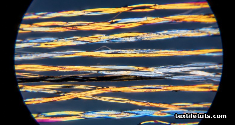 Cotton fibers under a polarizing microscope showing yellow-orange and blue interference colors for maturity classification.
