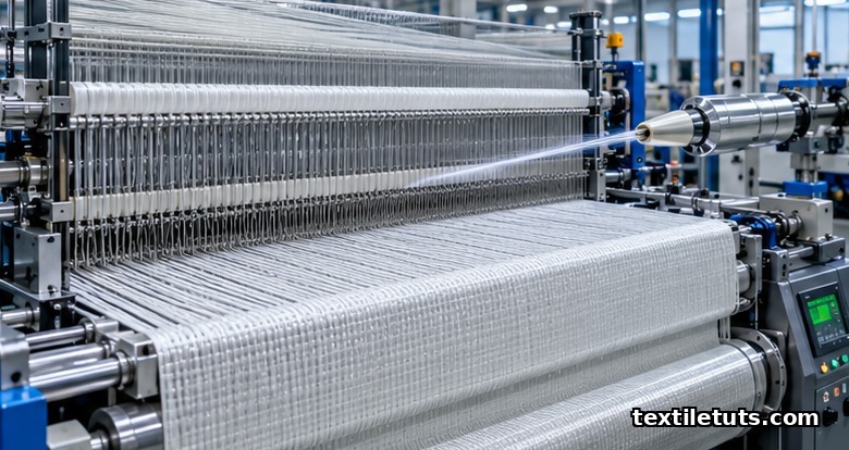 Industrial air-jet loom weaving fiberglass warp ends through chrome and ceramic guides.