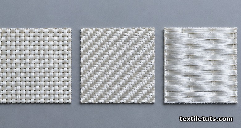 Three fiberglass fabric swatches showing plain, twill, and satin weave structures side by side.