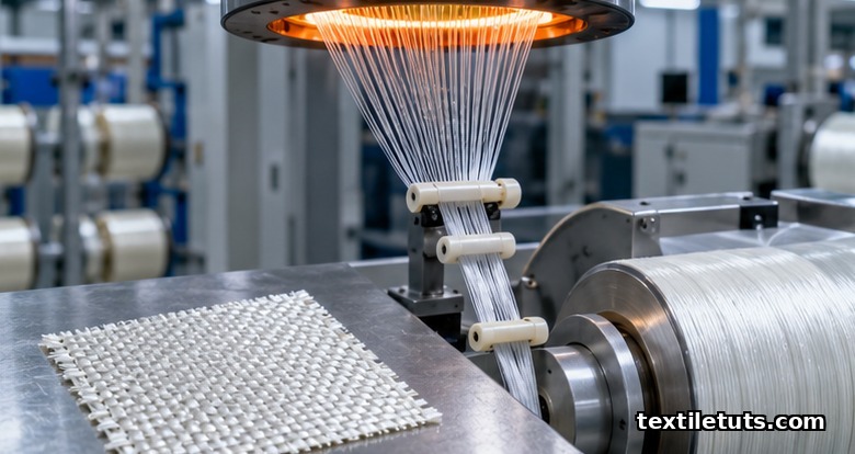 Continuous glass filaments drawn from molten glass and woven into fiberglass cloth on a mill creel.