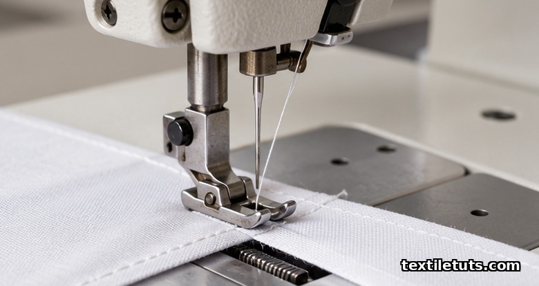 Close-up of an industrial lockstitch sewing machine needle forming stitch 301 through woven cotton fabric.