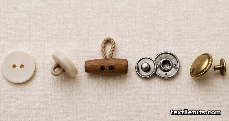 Five button types in a row on cream muslin: flat four-hole, shank, toggle, snap, and brass stud, viewed from above.