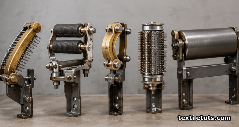 Five main types of weaving temples shown side by side: copper pin, expanding roller, ring, cloth pin-roller, and full-width roller.