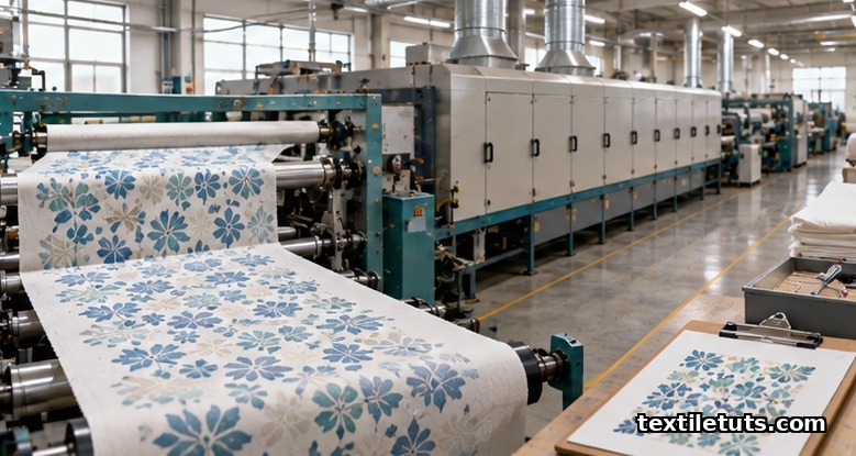 Editorial view of a textile printing factory with cotton fabric entering a continuous fixation chamber.