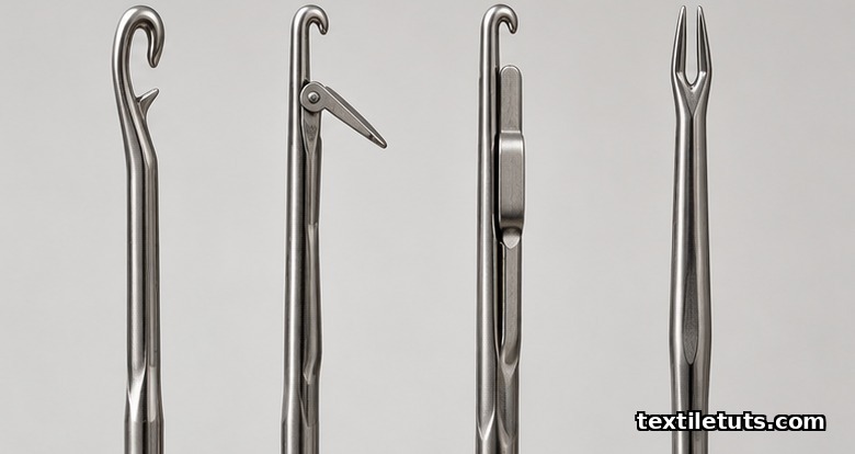 Side-by-side comparison of bearded, latch, and compound knitting needles arranged on a brushed steel surface under studio lighting.