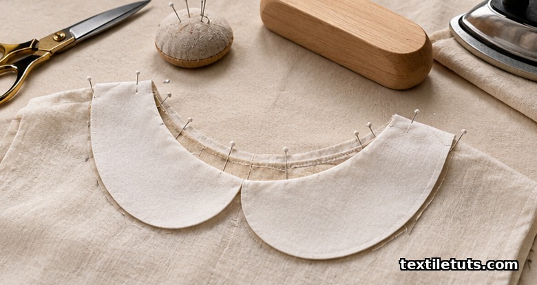 Close-up of a rounded Peter Pan flat collar being lockstitched to a blouse neckline with seam allowances nested on muslin.
