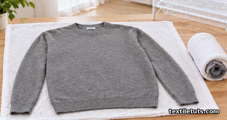 Grey wool sweater laid flat on a white towel beside a rolled towel and mesh drying rack in a bright room