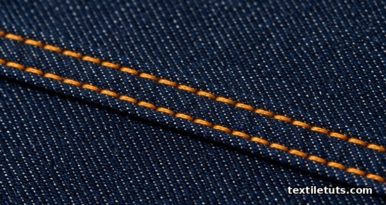 Macro view of a flat-felled denim inseam with two parallel rows of golden-orange topstitch on indigo twill.