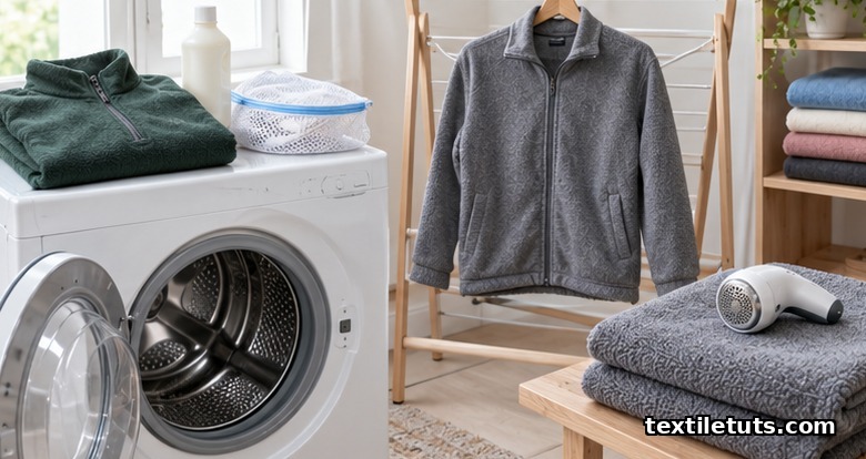 Fleece care setup with washing machine, liquid detergent, microfiber wash bag, air-drying jacket and fabric shaver