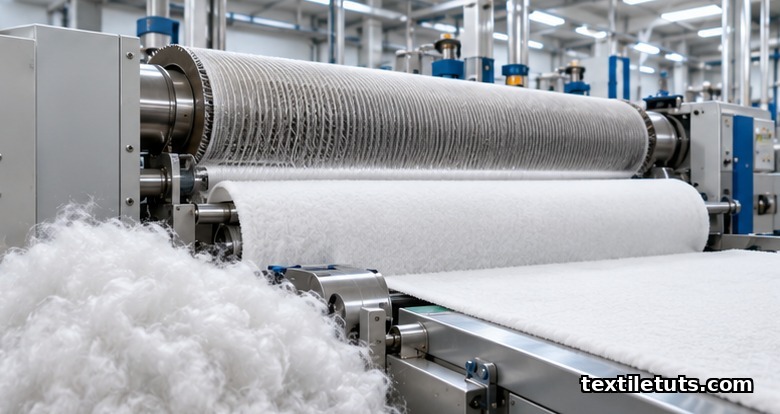 Polyester fleece fabric running through a napping and brushing machine beside a batt of carded fibers in a textile mill
