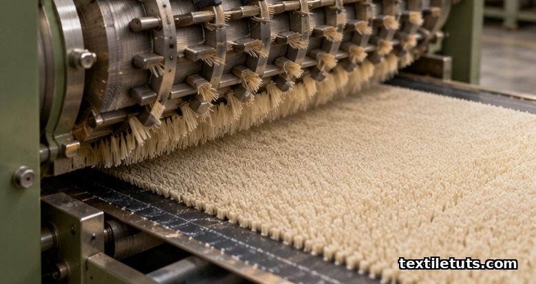 Beater bar flocking drum pressing cut fibers into wet adhesive on fabric, producing an upright pile.