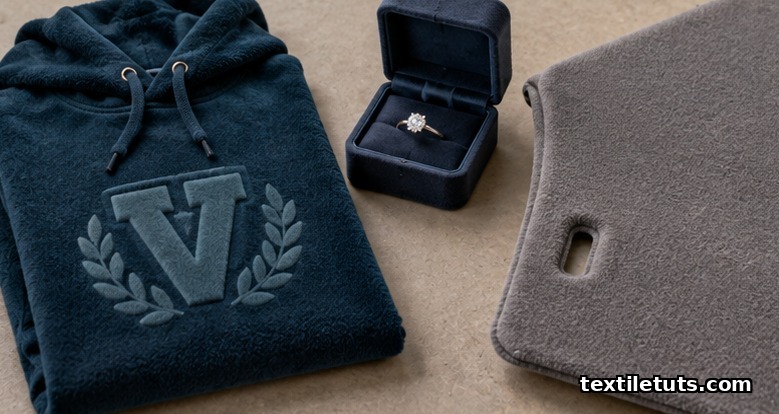Flat-lay of flocked textile applications: hoodie panel, jewelry box lining, and automotive headliner swatch.