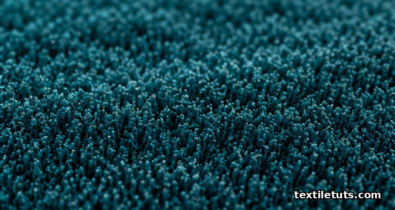 Macro view of flocked fabric showing short upright fibers creating a velvet-like raised surface in deep teal.