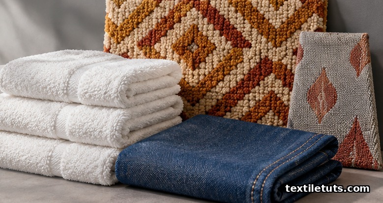 Foam-finished textile products: folded terry towels, indigo denim, and a deep-pile carpet with foam-printed motif.