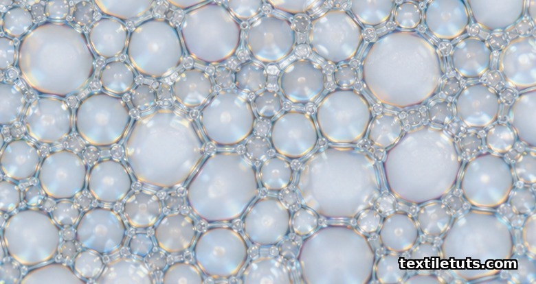 Macro view of densely packed polygonal bubbles and thin liquid lamella inside a stable textile dyeing foam.