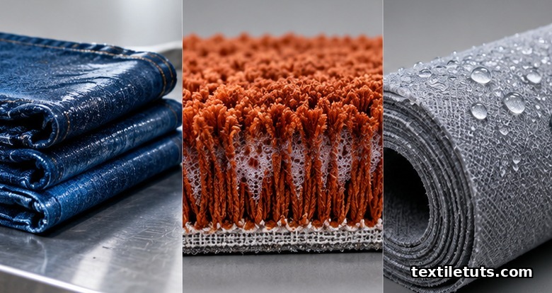 Foam-dyed denim stack, cutaway dyed carpet pile, and water-repellent foam-finished nonwoven textile in three application scenes.