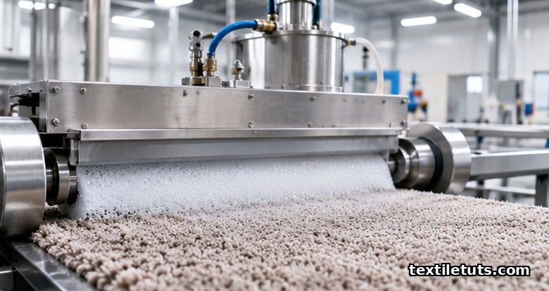 Continuous foam applicator line applying foam to tufted carpet pile under a dynamic foamer head in a textile mill.