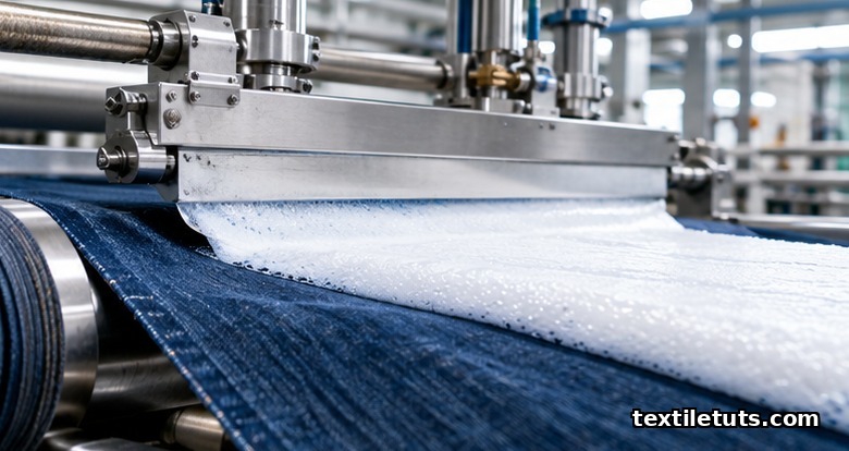 Industrial foam dyeing applicator depositing white foam onto moving indigo denim fabric in a textile mill.