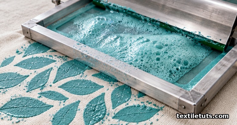 Foam printing: pale teal dye foam pressed through a screen onto white woven cotton fabric, leaving a crisp leaf pattern.