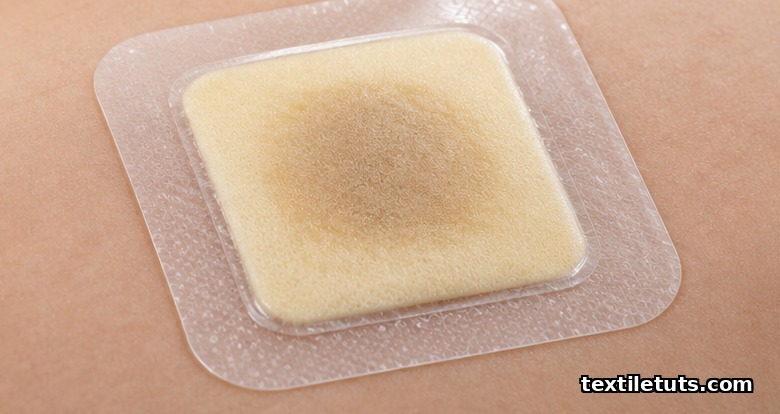 Foam wound dressing applied to a demonstration surface showing saturated center and strikethrough at the edge.