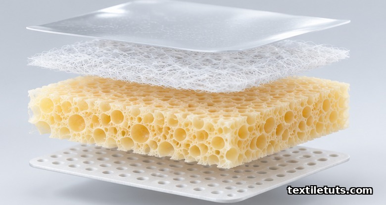 Cross-section of a foam wound dressing laminate showing silicone contact layer, absorbent PU foam core, and PU backing film.