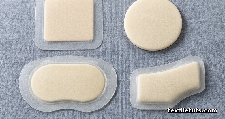 Flat-lay of four clinical foam dressings: square adhesive-bordered, circular non-adhesive, oval sacral, and rectangular heel shapes.