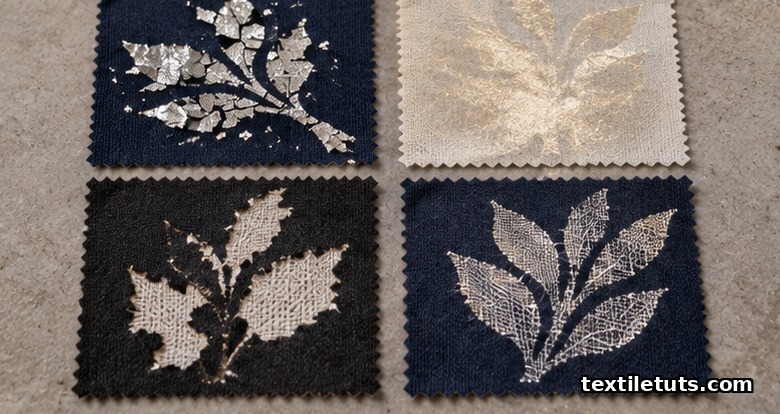 Four fabric swatches showing common foil printing defects: flaking edges, dull hazy finish, no-bond areas, and visible mesh marks.