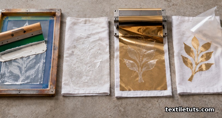 Top-down sequence of foil printing: screen-printed adhesive, foil lamination under heat, and carrier peel revealing bonded metallic layer.