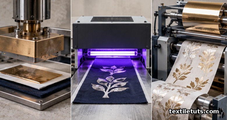 Studio lineup of hot foil stamping die, UV-curing cold foil unit, and digital toner foil laminator on a workbench.