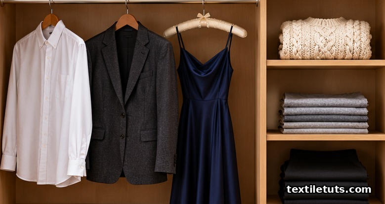 Wardrobe with a dress shirt, blazer and silk dress hanging beside shelves of folded sweaters, t-shirts and leggings