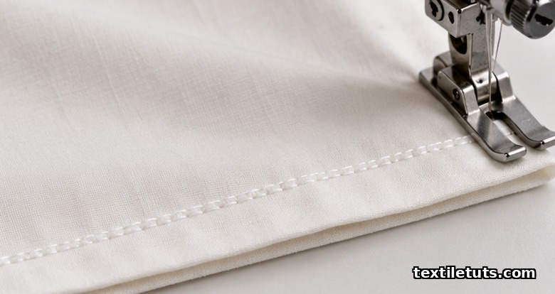 Close-up of a double-fold lockstitch hem on an ivory cotton poplin shirt tail showing two enclosed fold layers and a fine stitch line.