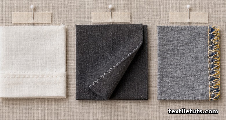 Side-by-side flat-lay comparison of folded, blind, and serged hem swatches on a neutral linen backdrop for stitch reference.
