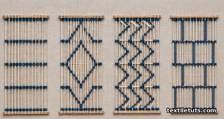 Four textile drafting diagrams showing straight, point, broken, and skip draft patterns laid out for comparison.
