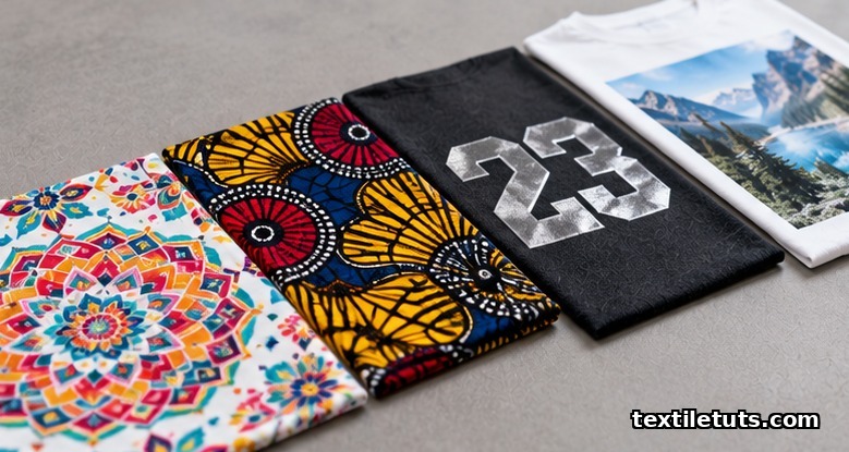 Four textile swatches showing sublimation, wax, film, and digital transfer prints laid out in a row on a grey surface.