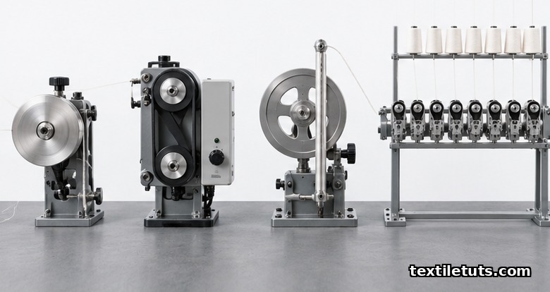 Four yarn feeder types lined up on a workbench: negative, positive, storage wheel, and creel-mounted positive feeder.