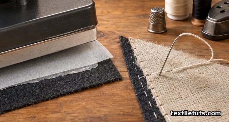 Side-by-side comparison: a heat press bonding fusible interlining to wool beside a needle pad-stitching a canvas interlining by hand.