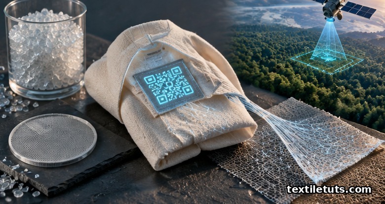 Future textile compliance: a folded garment with QR-code label beside recycled-PET pellets, microplastic filter mesh, and a satellite tracing forest canopy.