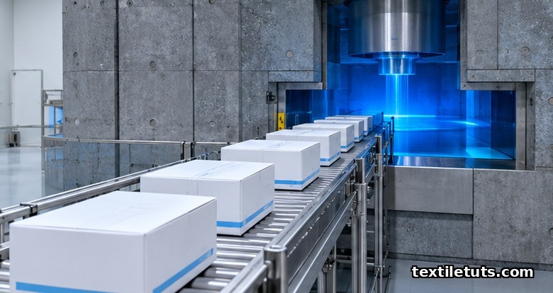 Cobalt-60 gamma irradiation conveyor carrying sealed cartons of single-use nonwoven surgical gowns.