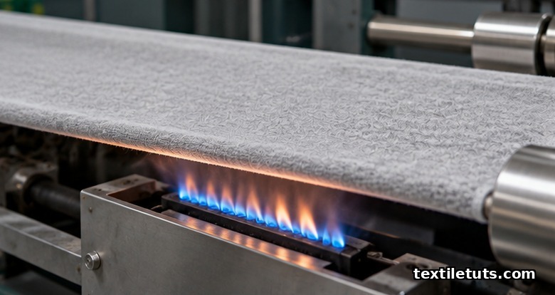 Pale grey knit fabric passing above an open gas singeing flame on a finishing line for surface fiber removal.