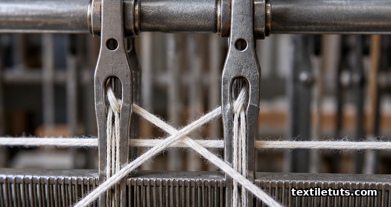 Macro shot of two doup heddles on a loom shaft, showing paired warp ends crossing each other with a weft pick caught in the crossing.