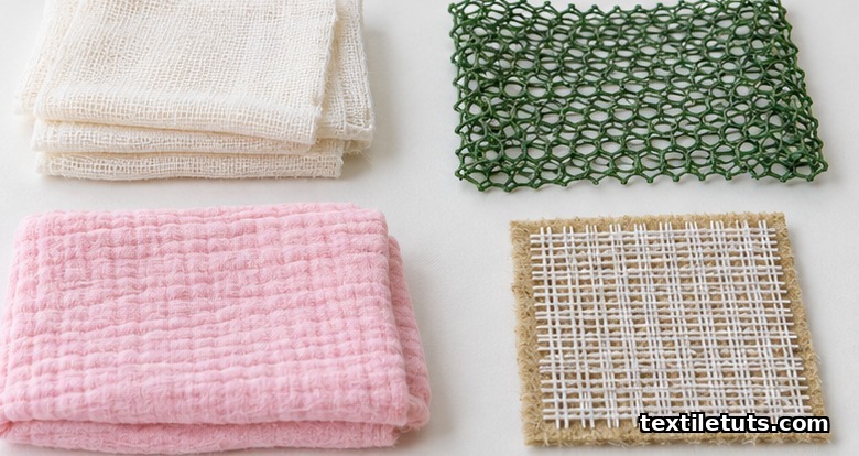 Flat-lay of gauze weave end-uses including surgical cotton swabs, HDPE shading net, fiberglass filter scrim, and double-gauze cotton fabric.